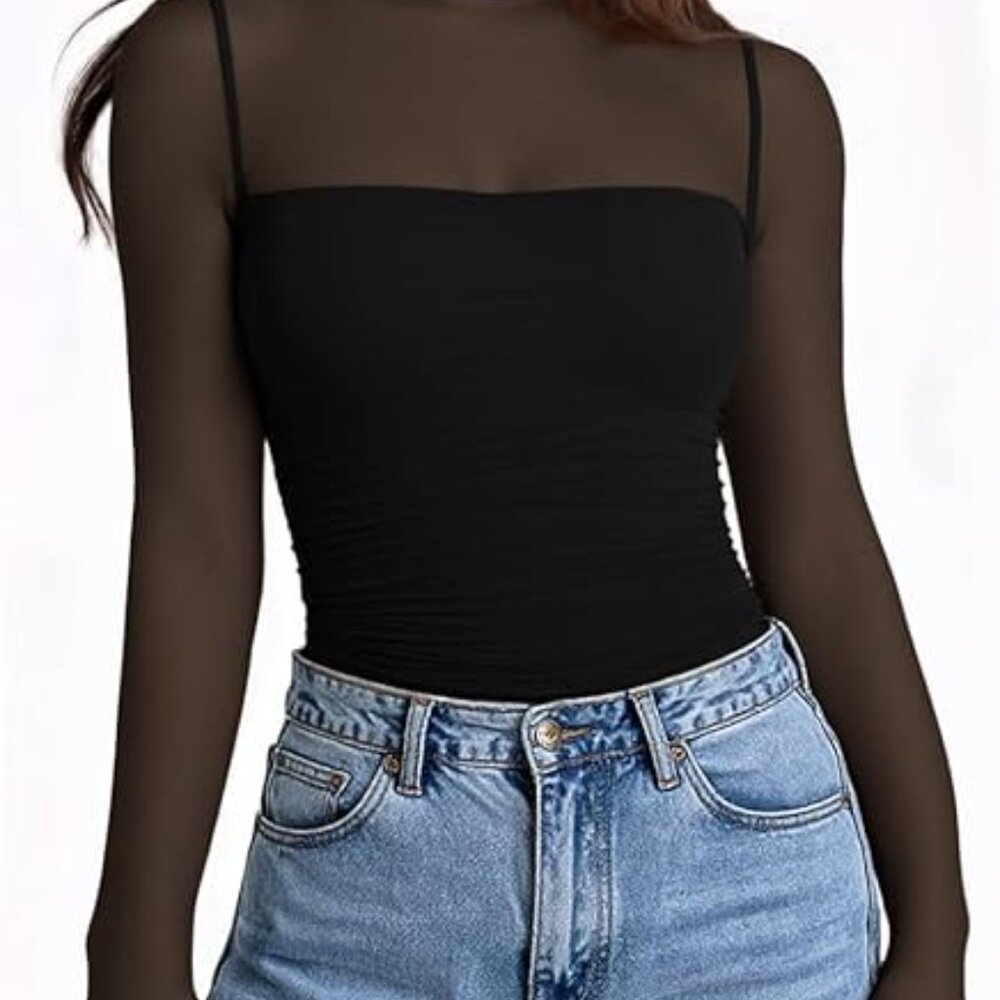 Women’s Mock Neck Sheer Long Sleeve Top – Pleated Slimming Mesh Blouse, Lightwei